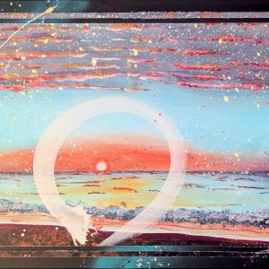 Coastal Space, Ensō original acrylic painting by Grant Nieddu, full view of the white ensō circling a setting sun over the ocean