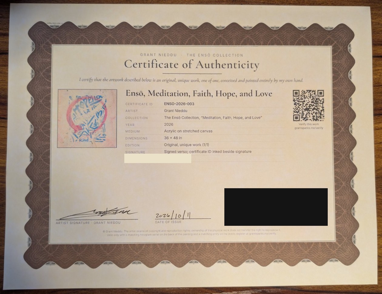 Signed certificate of authenticity ENSO-2026-003 for Ensō, Meditation, Faith, Hope, and Love, hologram label and serial hidden