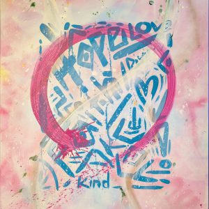 Ensō, Meditation, Faith, Hope, and Love: acrylic painting with a bold magenta ensō over teal-blue hand-lettered words on a soft pink, sky blue and cream wash